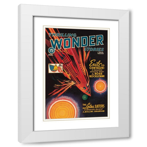 Thrilling Wonder Stories: Rocket Ship Troubles White Modern Wood Framed Art Print with Double Matting by Retrosci-fi