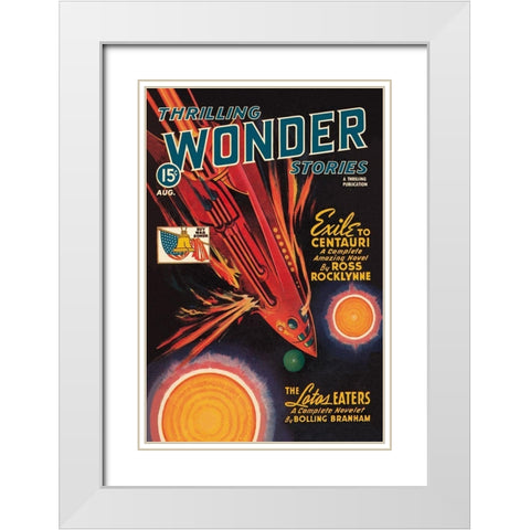 Thrilling Wonder Stories: Rocket Ship Troubles White Modern Wood Framed Art Print with Double Matting by Retrosci-fi