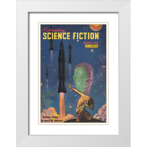 Astounding Science Fiction: Space Fear White Modern Wood Framed Art Print with Double Matting by Retrosci-fi