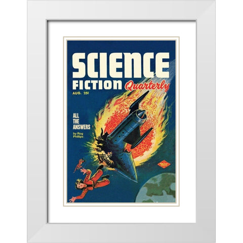 Science Fiction Quarterly: Comet Crashes into Rocket White Modern Wood Framed Art Print with Double Matting by Retrosci-fi