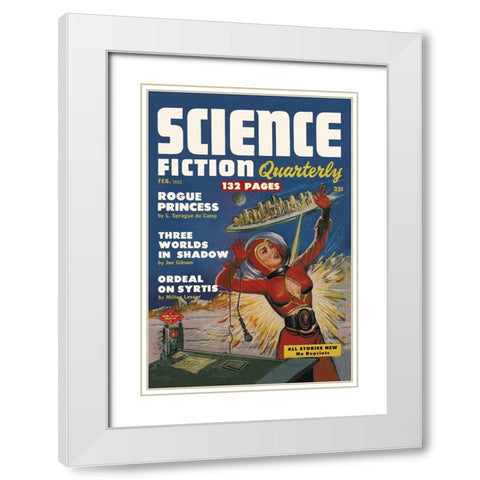 Science Fiction Quarterly: Attack of the Flying City White Modern Wood Framed Art Print with Double Matting by Retrosci-fi