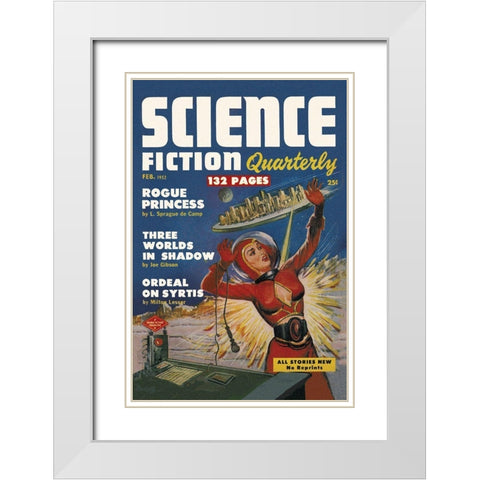 Science Fiction Quarterly: Attack of the Flying City White Modern Wood Framed Art Print with Double Matting by Retrosci-fi