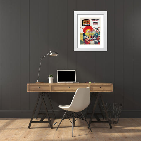 Science Fiction Quarterly: Spaceship Attack on Medieval Fortress White Modern Wood Framed Art Print with Double Matting by Retrosci-fi