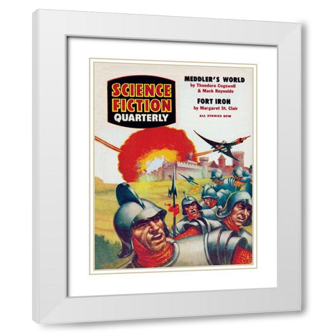 Science Fiction Quarterly: Spaceship Attack on Medieval Fortress White Modern Wood Framed Art Print with Double Matting by Retrosci-fi