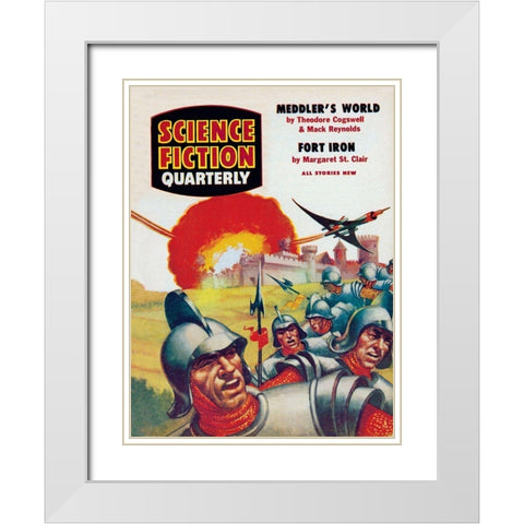 Science Fiction Quarterly: Spaceship Attack on Medieval Fortress White Modern Wood Framed Art Print with Double Matting by Retrosci-fi