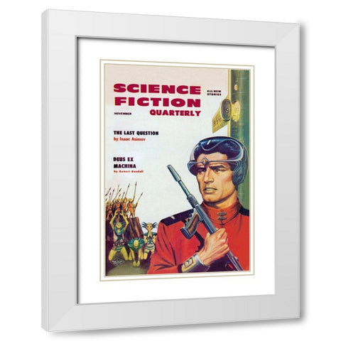 Science Fiction Quarterly: Astronaut Sizes up the Aliens White Modern Wood Framed Art Print with Double Matting by Retrosci-fi