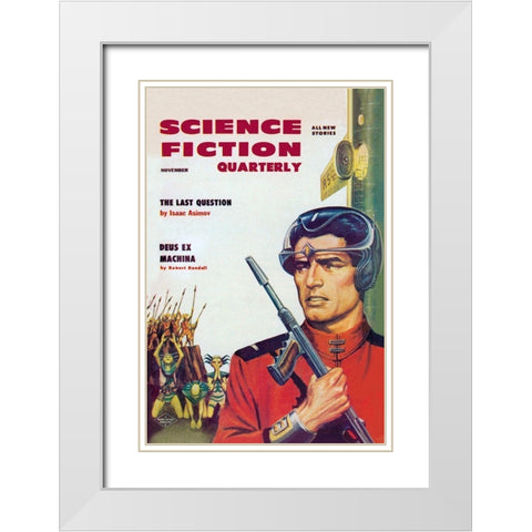 Science Fiction Quarterly: Astronaut Sizes up the Aliens White Modern Wood Framed Art Print with Double Matting by Retrosci-fi
