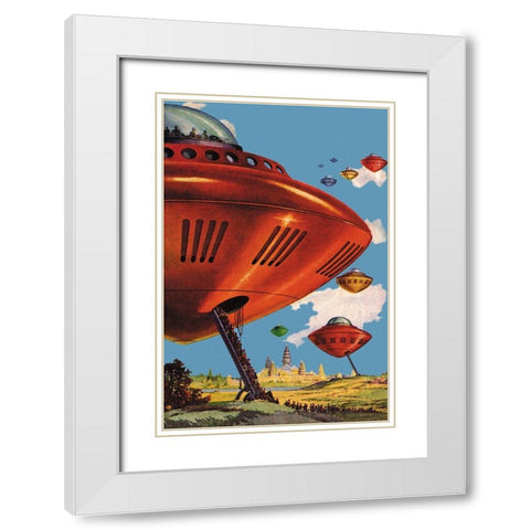 Spaceships at Angkor Wat White Modern Wood Framed Art Print with Double Matting by Retrosci-fi