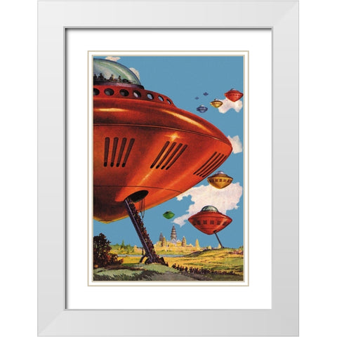 Spaceships at Angkor Wat White Modern Wood Framed Art Print with Double Matting by Retrosci-fi