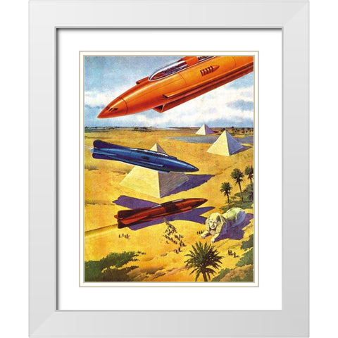 Spaceships in Ancient Egypt White Modern Wood Framed Art Print with Double Matting by Retrosci-fi