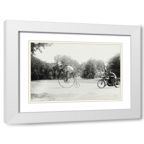 Motorcycle cop chases a Penny Farthing Velocipede White Modern Wood Framed Art Print with Double Matting by Unknown