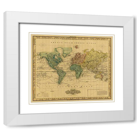 World on Mercators Projection, 1823 - Tea Stained White Modern Wood Framed Art Print with Double Matting by Tanner, Henry