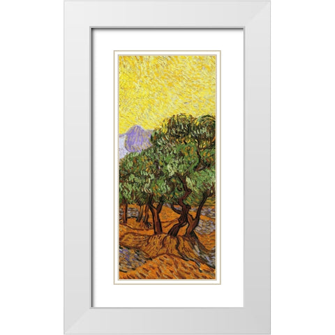 Olive Trees With Yellow Sky And Sun (right) White Modern Wood Framed Art Print with Double Matting by Van Gogh, Vincent