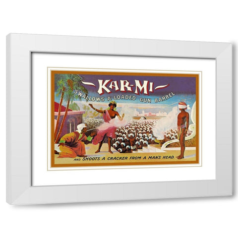 Magicians: Kar-Mi Swallows a Loaded Gun Barrel and Shoots a Cracker from a Mans Head White Modern Wood Framed Art Print with Double Matting by Hallworth, Joseph B.