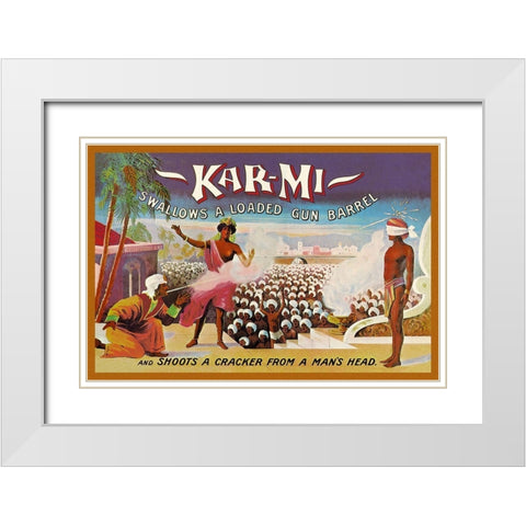 Magicians: Kar-Mi Swallows a Loaded Gun Barrel and Shoots a Cracker from a Mans Head White Modern Wood Framed Art Print with Double Matting by Hallworth, Joseph B.