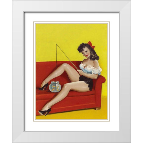 Mid-Century Pin-Ups - Joker Magazine - Fishin n funny White Modern Wood Framed Art Print with Double Matting by Driben, Peter