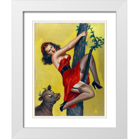 Mid-Century Pin-Ups - Moo - Up a tree White Modern Wood Framed Art Print with Double Matting by Driben, Peter
