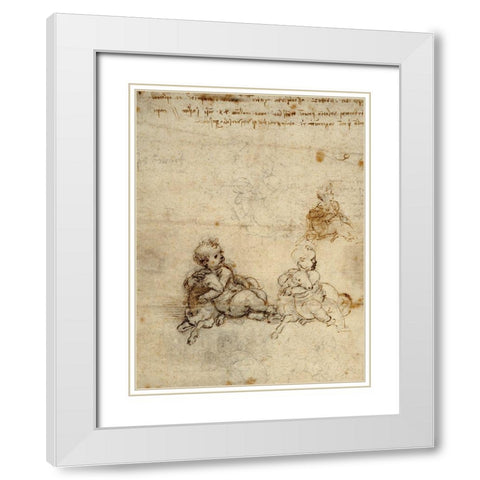Studies for the Christ Child with a Lamb (recto) White Modern Wood Framed Art Print with Double Matting by Da Vinci, Leonardo