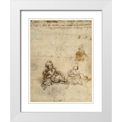 Studies for the Christ Child with a Lamb (recto) White Modern Wood Framed Art Print with Double Matting by Da Vinci, Leonardo