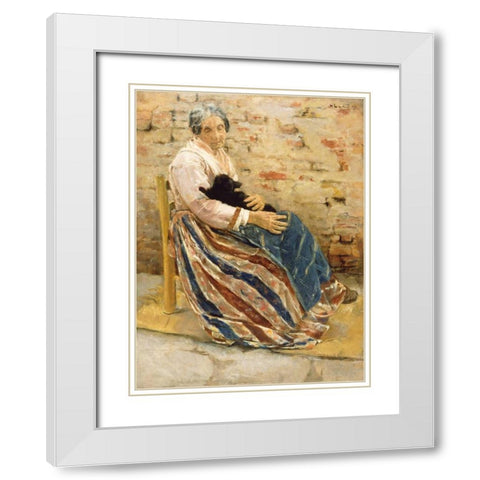 An Old Woman with Cat White Modern Wood Framed Art Print with Double Matting by Liebermann, Max