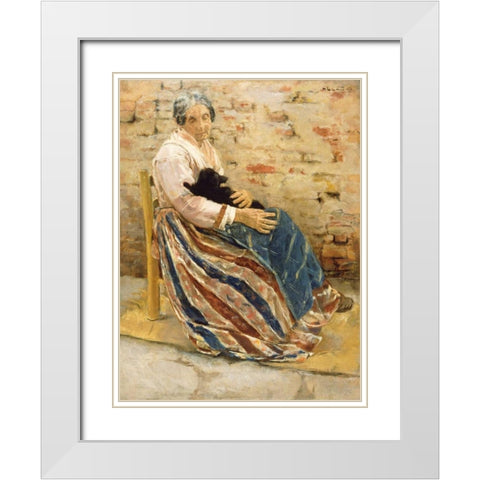 An Old Woman with Cat White Modern Wood Framed Art Print with Double Matting by Liebermann, Max