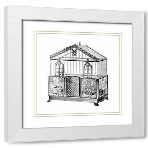 Etchings: Birdcage - Peaked top, patterned base, windows and deer head detail. White Modern Wood Framed Art Print with Double Matting by Catalog Illustration