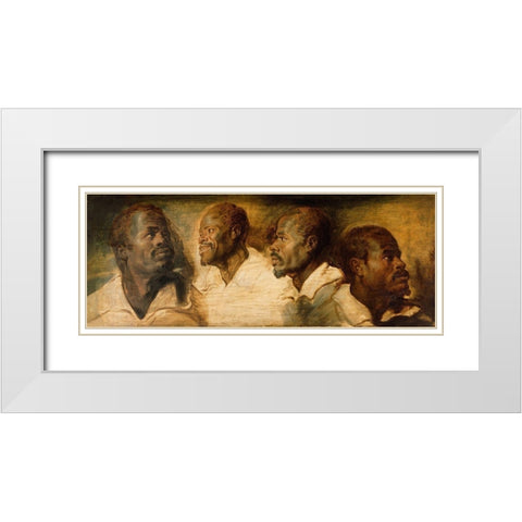 Four Studies of a Male Head White Modern Wood Framed Art Print with Double Matting by Peter Paul Rubens, Workshop of