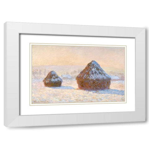 Wheatstacks, Snow Effect, Morning - Meules, Effet de Neige, Le Matin White Modern Wood Framed Art Print with Double Matting by Monet, Claude
