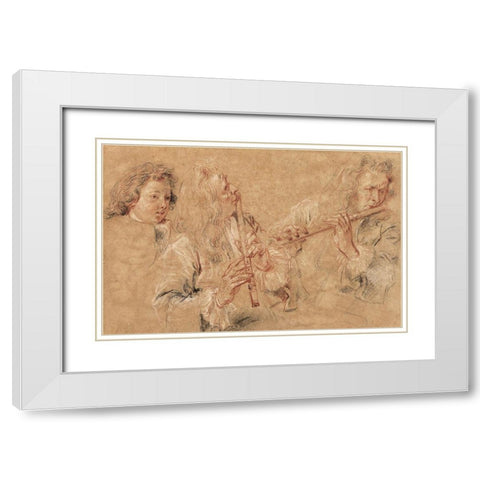 Two Studies of a Flutist and a Study of the Head of a Boy White Modern Wood Framed Art Print with Double Matting by Watteau, Jean-Antoine