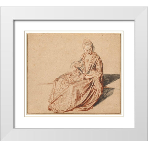 Seated Woman with a Fan White Modern Wood Framed Art Print with Double Matting by Watteau, Jean-Antoine
