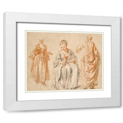 Studies of Three Women White Modern Wood Framed Art Print with Double Matting by Watteau, Jean-Antoine