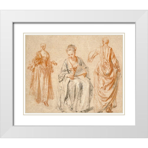 Studies of Three Women White Modern Wood Framed Art Print with Double Matting by Watteau, Jean-Antoine