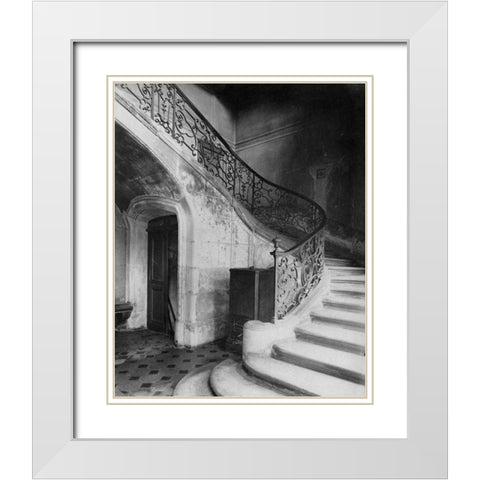 Paris, 1900 - Staircase, Hotel de Brinvilliers, rue Charles V White Modern Wood Framed Art Print with Double Matting by Atget, Eugene