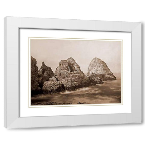 Sugarloaf Islands at Fishermans Bay, Farallon Islands, San Francisco, California, 1869 White Modern Wood Framed Art Print with Double Matting by Watkins, Carleton