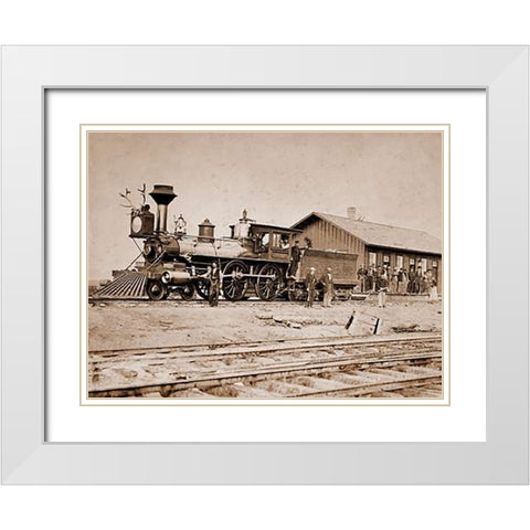Wyoming Station, Engine 23 on Main Track, May 1868 White Modern Wood Framed Art Print with Double Matting by Russell, A.J.