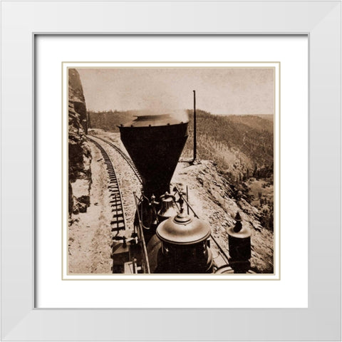 Rounding Cape Horn, California, Road to Iowa Hill from the river, in the distance, 1866-1869 White Modern Wood Framed Art Print with Double Matting by Hart, Alfred A.