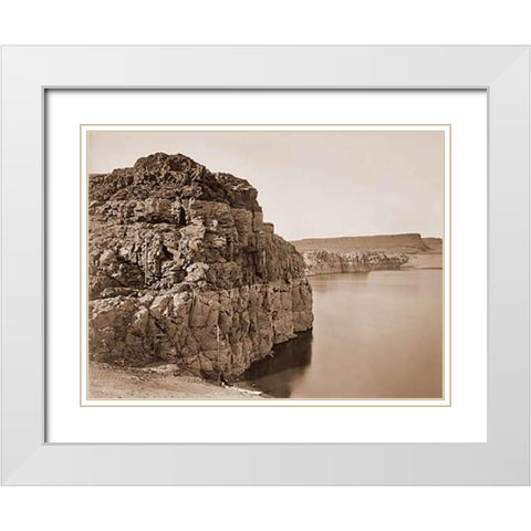 The Dalles, Extremes of High and Low Water, 92 ft./Head of the Dalles, Columbia River, Oregon, about White Modern Wood Framed Art Print with Double Matting by Watkins, Carleton