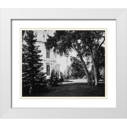 Thurlow Lodge - Lawn and House. From Barron Cluster. Black and white. White Modern Wood Framed Art Print with Double Matting by Watkins, Carleton