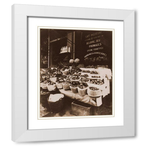 Rue Sainte-Opportune - Produce Display, rue Sainte-Opportune. Sepia White Modern Wood Framed Art Print with Double Matting by Atget, Eugene
