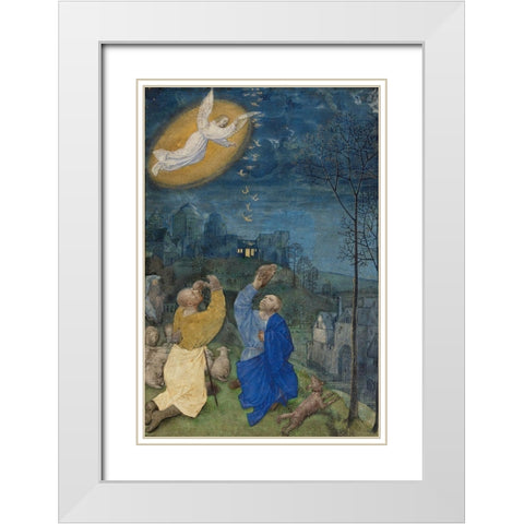 The Annunciation to the Shepherds White Modern Wood Framed Art Print with Double Matting by Illuminator, Master of the Houghton Miniatures