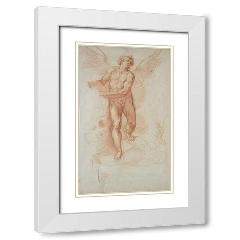 An Angel Holding a Book (recto); Three Studies of a Falling Male Figure (verso) White Modern Wood Framed Art Print with Double Matting by Roncalli, Cristoforo