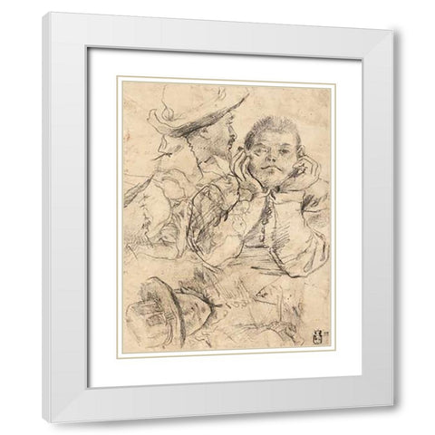 Four Studies of Heads Drawn over a Copy of Saint John the Evangelist by Correggio (recto); Three Stu White Modern Wood Framed Art Print with Double Matting by Carracci, Annibale or Lodovico