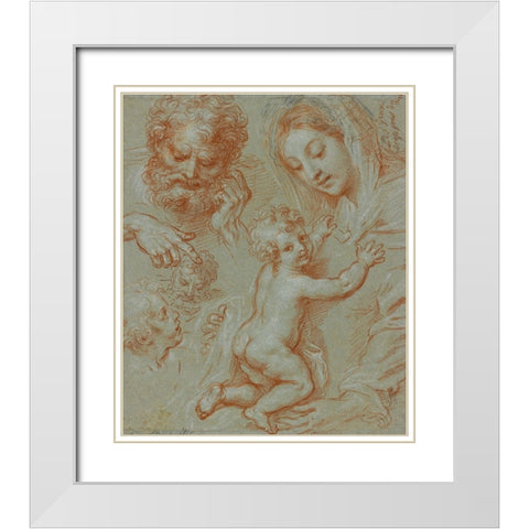 Studies of the Madonna and Child and of Heads (recto); Madonna and Child with Saint John Seated in a White Modern Wood Framed Art Print with Double Matting by Corneille, Michel