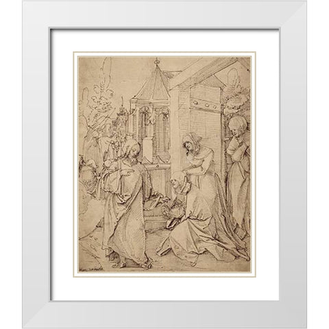 Museumist Taking Leave of His Mother White Modern Wood Framed Art Print with Double Matting by Schaufelein, Hans