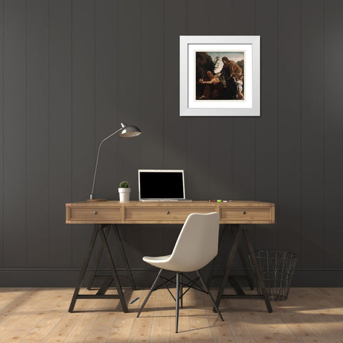 Elijah Receiving Bread from the Widow of Zarephath White Modern Wood Framed Art Print with Double Matting by Lanfranco, Giovanni