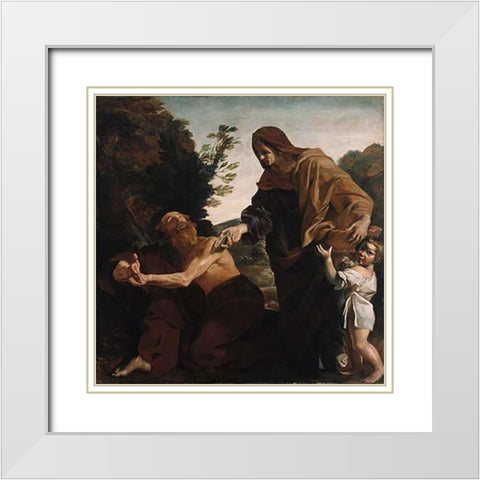 Elijah Receiving Bread from the Widow of Zarephath White Modern Wood Framed Art Print with Double Matting by Lanfranco, Giovanni