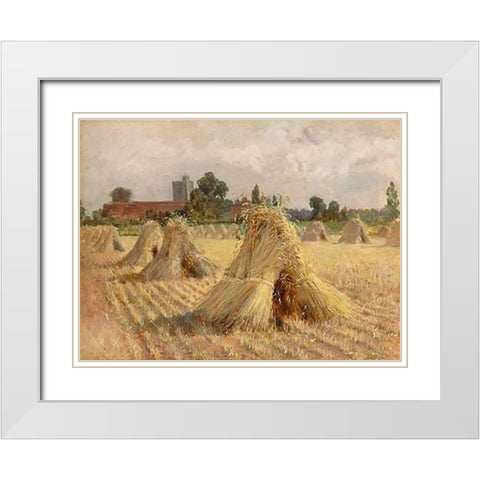 Corn Stooks by Bray Church, 1872 White Modern Wood Framed Art Print with Double Matting by Hardy, Heywood