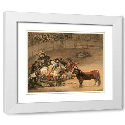 Bullfight, Suerte de Varas White Modern Wood Framed Art Print with Double Matting by Goya, Francisco de