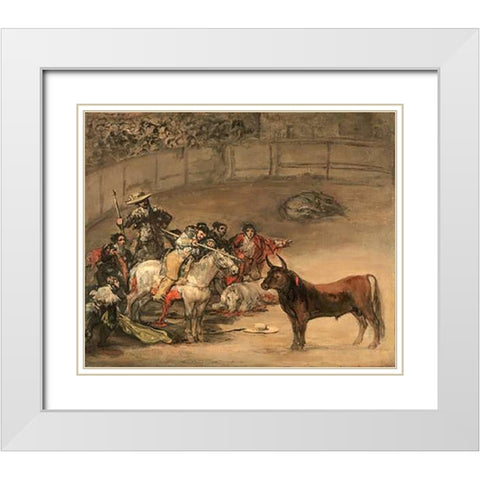 Bullfight, Suerte de Varas White Modern Wood Framed Art Print with Double Matting by Goya, Francisco de