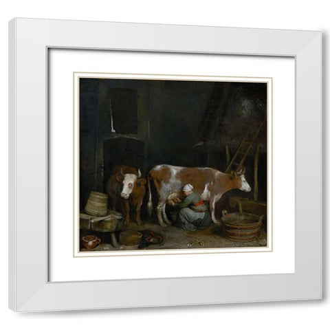 A Maid Milking a Cow in a Barn White Modern Wood Framed Art Print with Double Matting by Ter Borch, Gerard